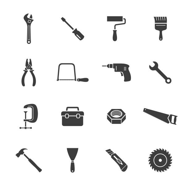 konstruktionswerkzeuge icons set - baumarkt stock-grafiken, -clipart, -cartoons und -symbole