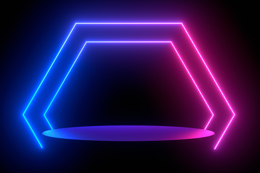 Ultraviolet Neon Laser Glowing Lines, Abstract 3D Background. 3D Rendering, Copy space for advertisement. Empty Product Stand, Platform for the Product placement.
