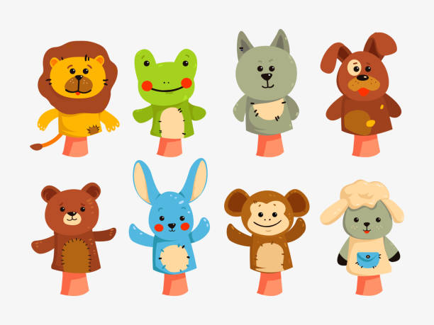 Hands puppets. Dolls for children theater, performance for children. Educational game with animal dolls on hand, vector characters isolated. Hands puppets play doll, cute and funny animals. puppet stock illustrations