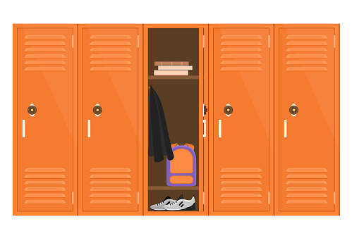 Cartoon Color Metal School Lockers with One Open showing Book and Backpack Concept Flat Design. Vector illustration