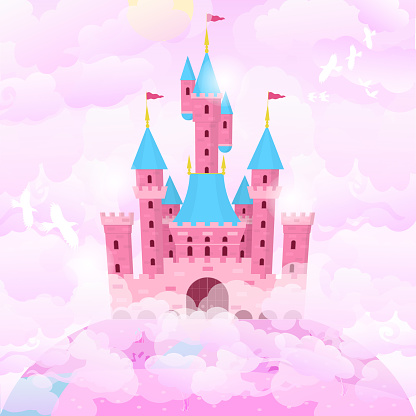Cartoon Color Castle Princess Building on a Landscape Background Scene Concept Flat Design. Vector illustration
