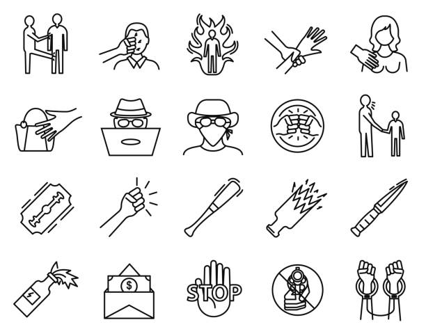 ilustrações de stock, clip art, desenhos animados e ícones de violence sign black thin line icon set. vector - technology business support violence