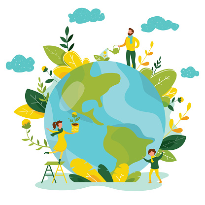 Ecology concept. People take care about planet ecology. Protect nature and ecology banner. Earth day. Globe with trees, plants and volunteer people. Vector illustration.