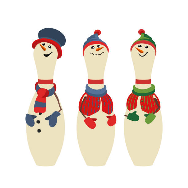 Cute bowling pins snowmen flat color icons Cute bowling pins flat color vector icon set. Comic pin in snowman costume cartoon. Winter season holiday bowling parties design element. Christmas New year event celebration background illustration cartoon of the bowling pin stock illustrations