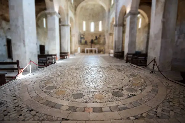 Interior of the medieval Abbey of San Liberatore a Majella in Serramonacesca in Abruzzo (Italy) with detail on the mosaic from the 1200s