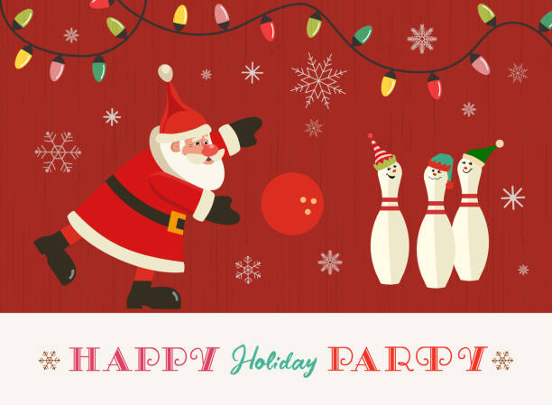 볼링 행복 한 휴일 파티 플랫 벡터 인사말 - santa claus elf christmas holiday stock illustrations