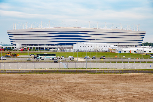 KALININGRAD, RUSSIA - JUNE 13, 2018: View of the modern Kaliningrad football stadium (also called Arena Baltika) for holding games of the FIFA World Cup of 2018 in Russia.