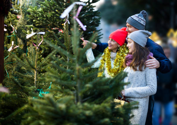 istock Happy family of three choosing Christmas tree 1188698247