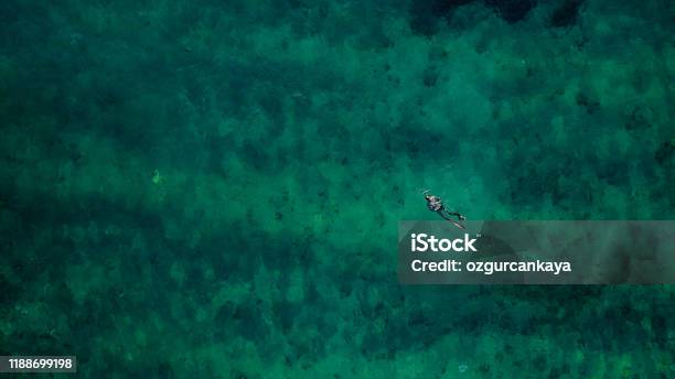 Aerial Drone View Spearfishing At Sea Stock Photo - Download Image Now - Fishing, Fishing Industry, Awe