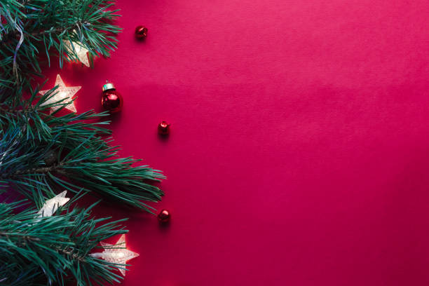 istock Beautiful Christmas background with fir tree branches and red decorations with textbox 1188702410