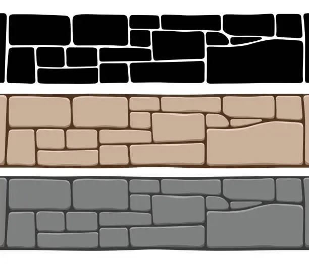 Vector illustration of Set of 3 kinds of seamless stone wall textures, isolated on white background.