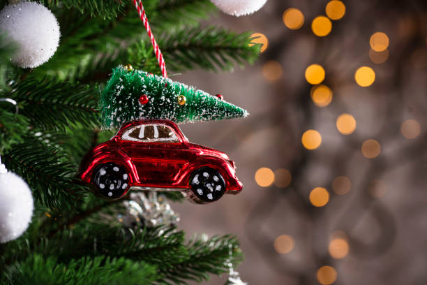 Christmas tree toy in shape of red car stock photo