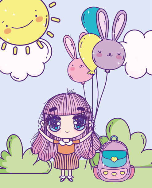 anime niedlichmädchen kaninchen form ballon rucksack sonne im freien - sun sky child balloon stock-grafiken, -clipart, -cartoons und -symbole