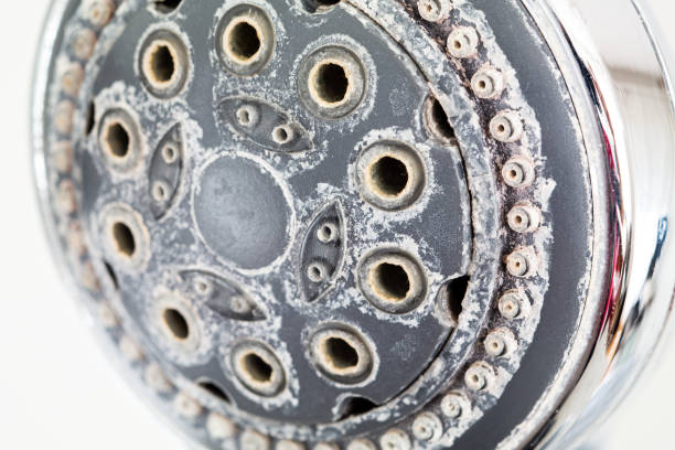 silver round shower head with hard water deposits all around the sprinklers close up macro side shot isolated against light grey backdrop - water pipe rusty dirty equipment imagens e fotografias de stock