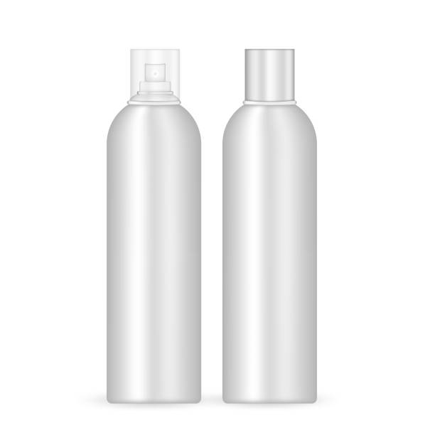 istock Deodorant spray silver metallic bottle vector mockup with a cap on and off, isolated on white background.  Template ready for marketing, branding. Perfume, aerosol, body mist, hairspray blank package. 1188710911