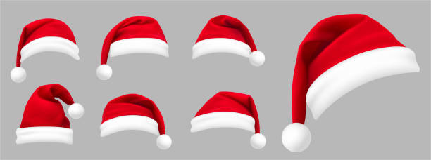 빨간 산타 모자의 현실적인 세트. 새해 빨간 모자입니다. - 스톡 벡터. - santa stock illustrations