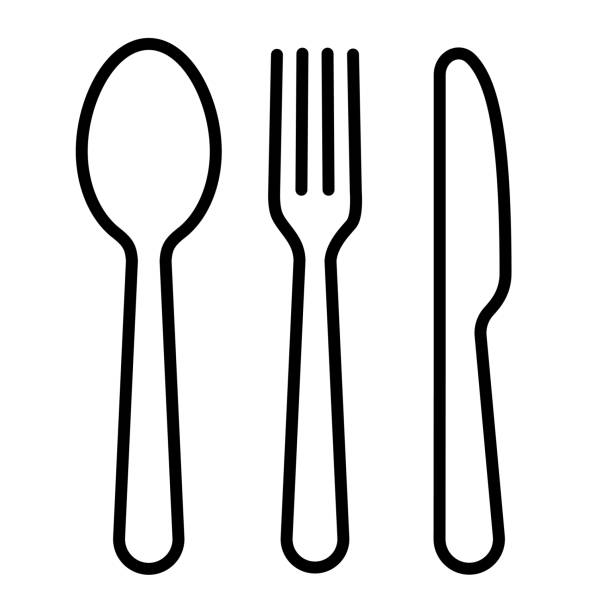 illustrations, cliparts, dessins animés et icônes de ensemble d'icône de ligne de cuillère et de couteau de fourchette. graphismes noirs de coutellerie de vecteur sur le fond blanc - vecteur de stock. - couverts