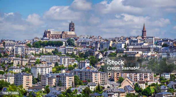 Panoramic View Of Rodez City In South Of France The Cathedral Of Notredame Of Rodez Is At Left And The Tower Of The Church Of Saint Amans Is At Right Stock Photo - Download Image Now