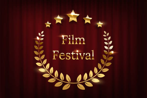 Golden shiny award laurel wreaths, stars and Film Festival text isolated on dark red curtain background. Vector design element. Golden shiny award laurel wreaths, stars and Film Festival text isolated on dark red curtain background. Vector design element red crown logo stock illustrations