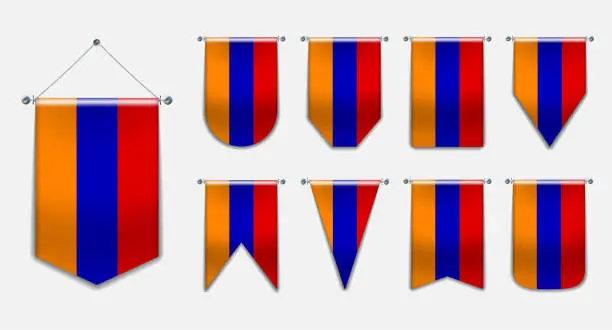 Vector illustration of Set of hanging flags of the ARMENIA with textile texture. Diversity shapes of the national flag country. Vertical Template Pennant for background, banner, web site,award, achievement, festival.