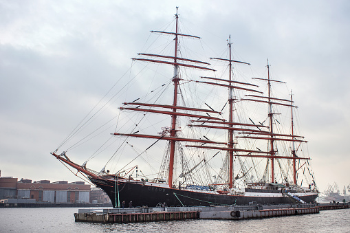 SAINT PETERSBURG, RUSSIA - NOVEMBER 04, 2014: STS Sedov on the embankment of Lieutenant Schmidt. Is a four-masted steel barque. Sedov, formerly named Magdalene Vinnen II, was built in Germany in 1921.