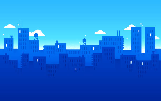Blue Modern City Urban Background Modern city urban downtown blue background with space for your copy. window silhouettes stock illustrations