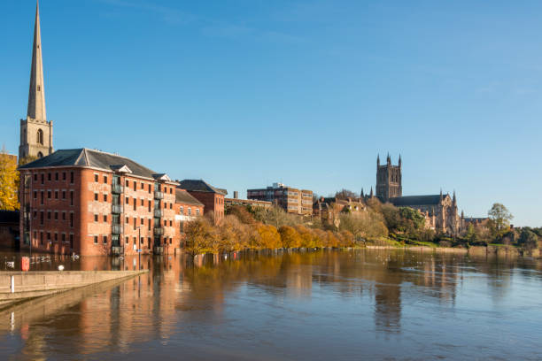 inondazioni e cigni vicino al ponte worcester worcestershire uk - worcestershire foto e immagini stock