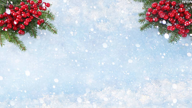 istock Christmas and New Year background with a blue snowy background, for branches with decorations in snowflakes, place for text. New Year card for congratulations, selective focus, banner 1188724272