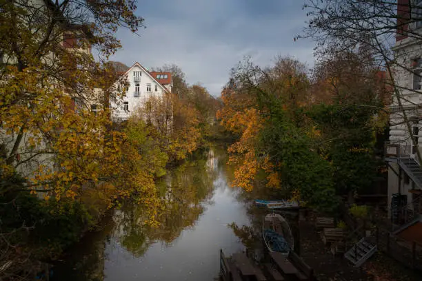 Over river in Lower Saxony, Germany in beautiful autumn colours and sunlight.