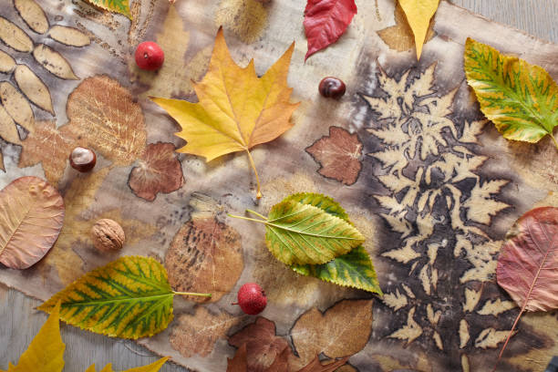 istock Autumn leaves, nuts and berries lying on hand-dyed fabric strip using eco-print technique 1188728256