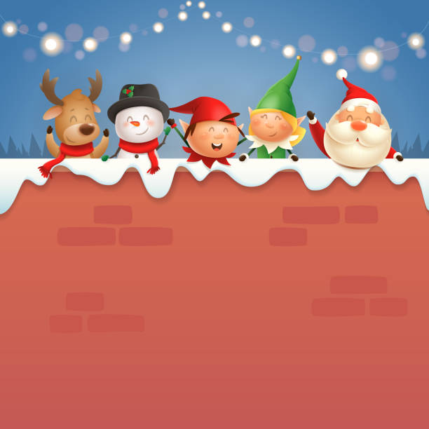 illustrazioni stock, clip art, cartoni animati e icone di tendenza di babbo natale e amici a parete festeggiano le vacanze di natale - christmas child