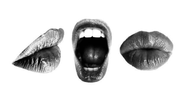 Set of Halftone Female mouths in different poses Set of Halftone Female mouths in different poses. Wide open mouth and closed kissing lips, side and front view shouting illustrations stock illustrations