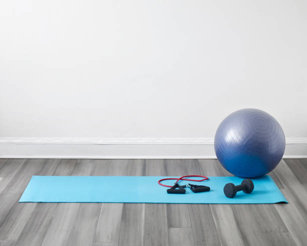 Yoga mat and fitness ball Detail from a living room of a modern house with yoga mat and plates ball fitness ball photos stock pictures, royalty-free photos & images