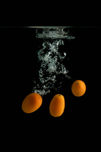 Three kumquat fruits falls Three kumquat fruits falls in water with a big splash kumquat underwater stock pictures, royalty-free photos & images