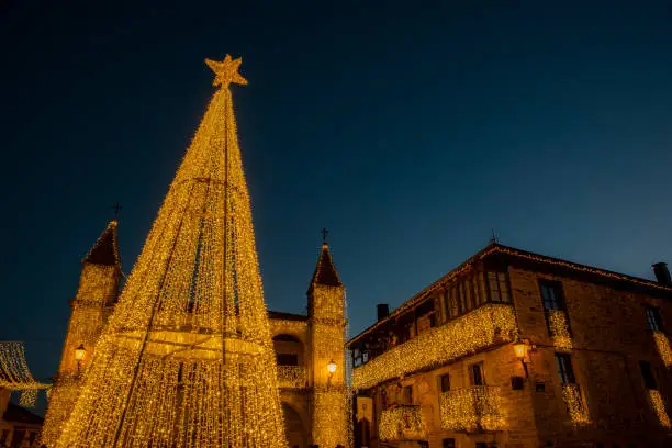 Christmas tree with lights, Puebla de Sanabria, Zamora, Spain.