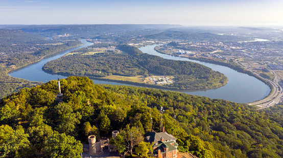 The Tennessee River valley at the foothils of the Appalachian Mountains showing Chattanooga