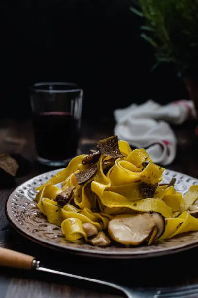 Itaian cuisine, pappardelle pasta with black truffle, red wine