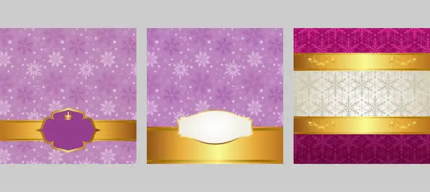 Vector illustration of Christmas frames in vintage style. For the design Christmas cards, banners, posters, invitations. Colors image: purple,  pink, gold. Vector