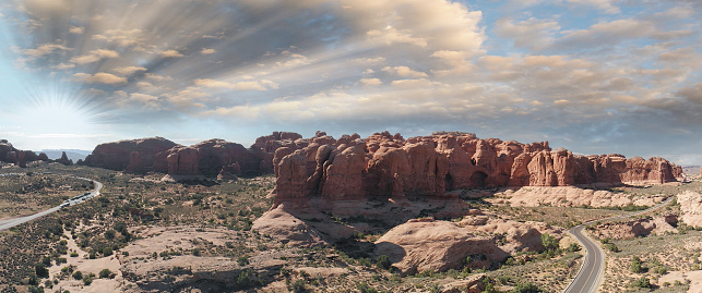 Aerial panoramic view of Arches National Park landscape, Utah. Drone point of view.