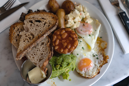 Close-up on a English breakfast served at a restaurant