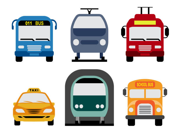 Public urban transport. Public service vehicles. Set of front view flat icons of bus public services, trolleybus, tramway, metro, taxi service and school bus. public transportation stock illustrations