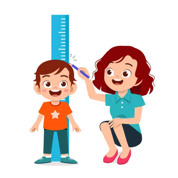 Vector illustration of happy cute kid boy measuring height with mom