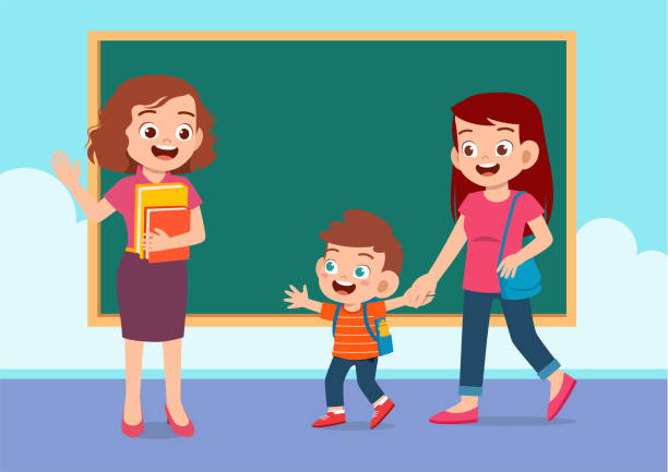 ilustrações, clipart, desenhos animados e ícones de menino bonito feliz do miúdo vai à escola com mamã - regresso às aulas