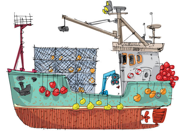 ilustrações, clipart, desenhos animados e ícones de barco de peixe para a pesca do caranguejo - fishing industry fishing nautical vessel buoy