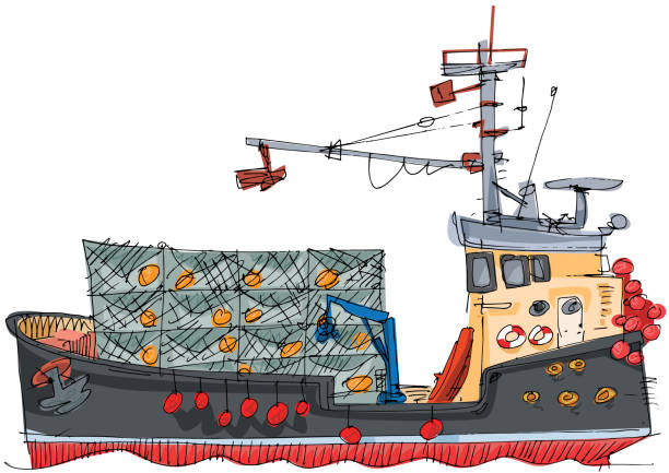ilustrações, clipart, desenhos animados e ícones de barco de peixe para a pesca do caranguejo - fishing industry fishing nautical vessel buoy