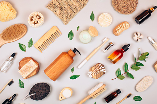 Zero waste self-care products. Flat lay style.
