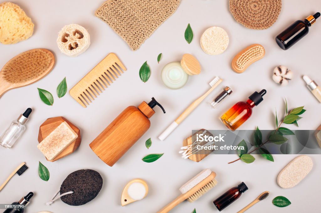 Zero waste self-care products Zero waste self-care products. Flat lay style. Merchandise Stock Photo