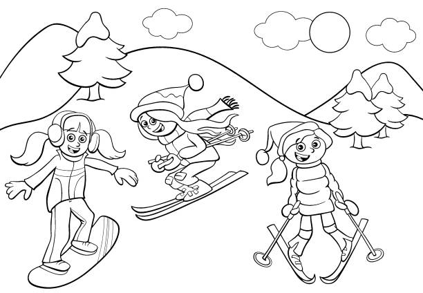 snowboarding and skiing girls cartoon color book page Black and White Cartoon Illustrations of Snowboarding and Skiing Girls Characters on Winter Time Coloring Book Page kids snow suits stock illustrations