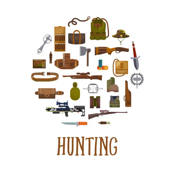 Vector illustration of Hunting equipment and hunter accessories vector illustration. Hu