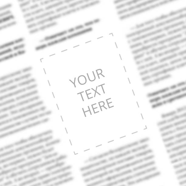 Close up of a blurred newspaper column with blank square in the middle for designer mockup. Angled view to the written words Your Text Here on the paper page background. Space for typing in newspaper primer plano de una columna de periódico borrosa con un cuadrado en blanco en el centro para la maqueta de diseñador. vista en ángulo a las palabras escritas su texto aquí en el fondo de la página en papel. espacio para escribir en el periódico.